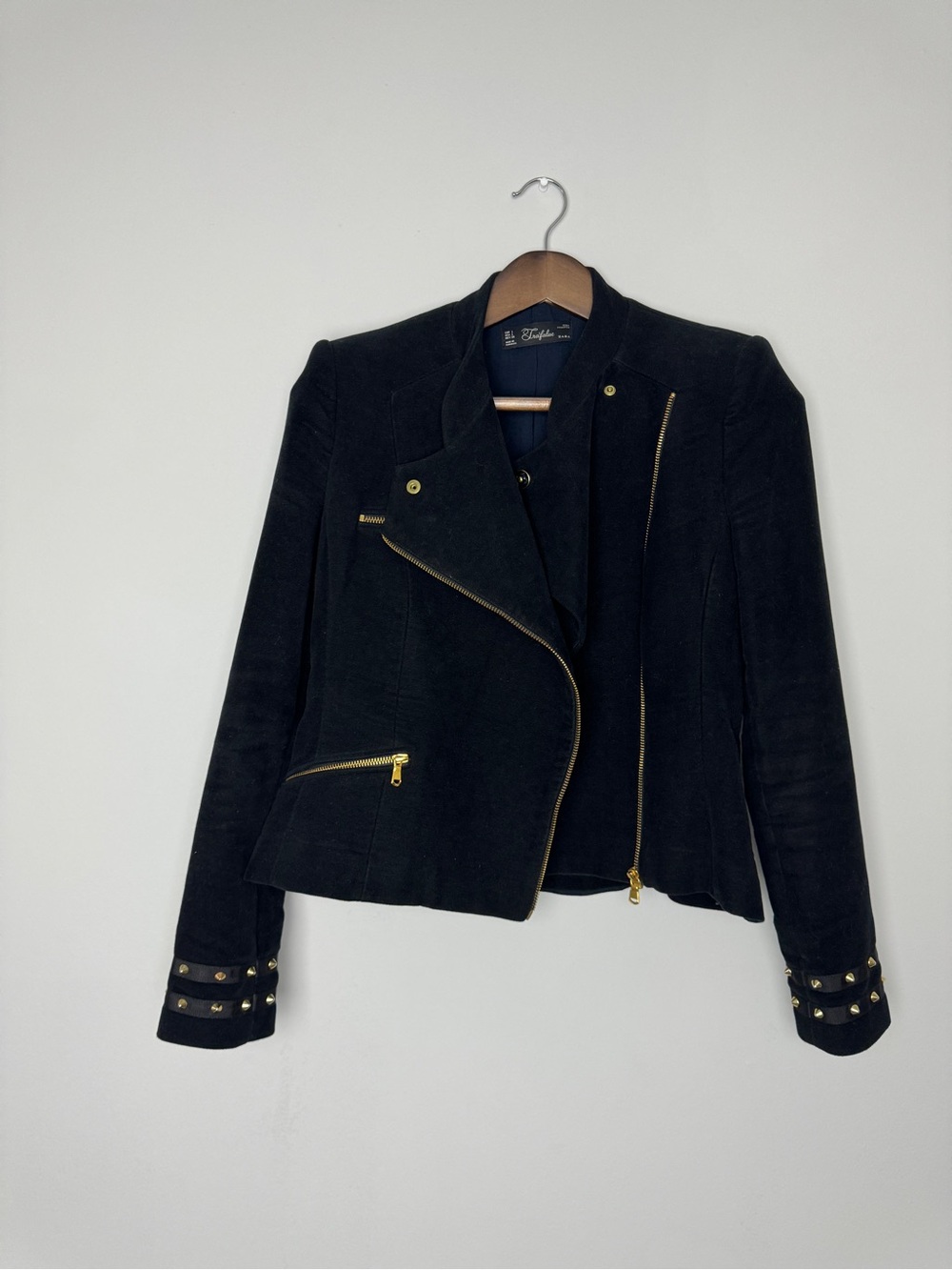Zara Black Suede Moto Jacket with Gold Hardware Size L